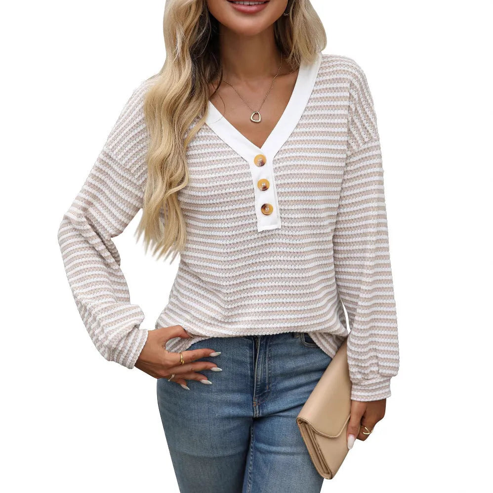 Women's long sleeve V-neck pullover top with button details and patchwork design in loose fit