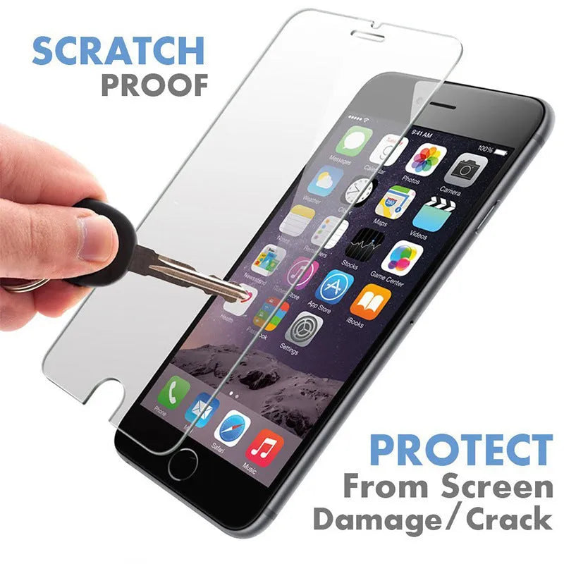 Tempered glass screen protector for iPhone models on a clean surface.