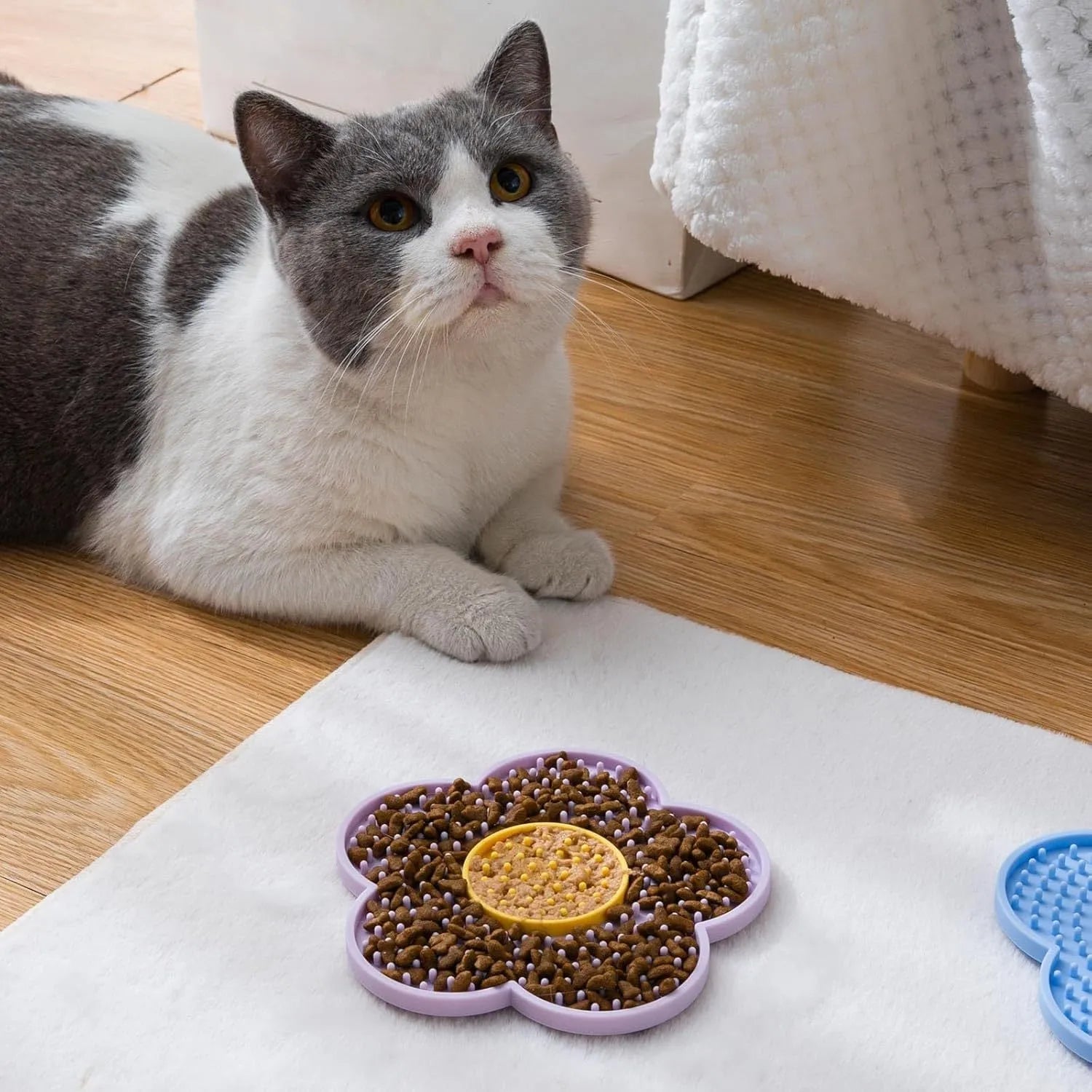 Flower-shaped silicone pet lick pad with suction cup base in assorted colours.