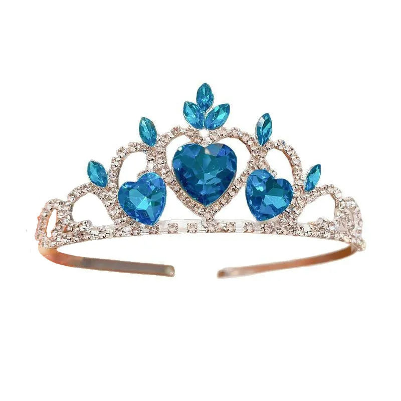 Children's electroplated alloy crown headband headdress in pink, light blue, and light purple crystal colours.