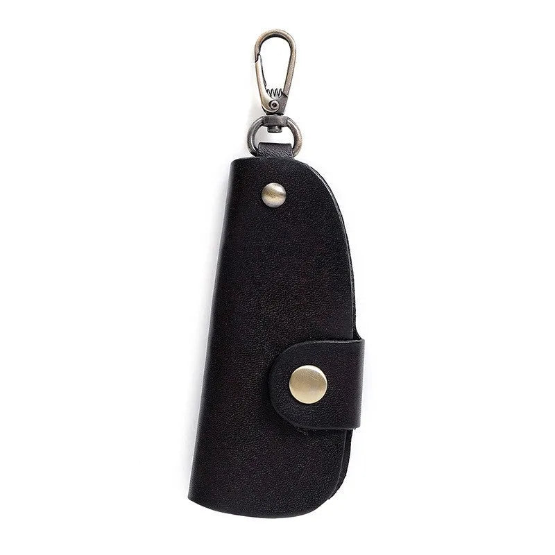 Genuine leather handmade short car key case in black, brown, coffee, and purplish red.