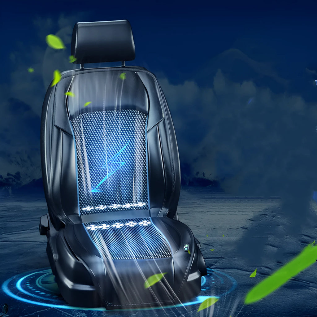 Ventilated car seat cooling cushion with fan grid, plugged into a 12V cigarette lighter socket.