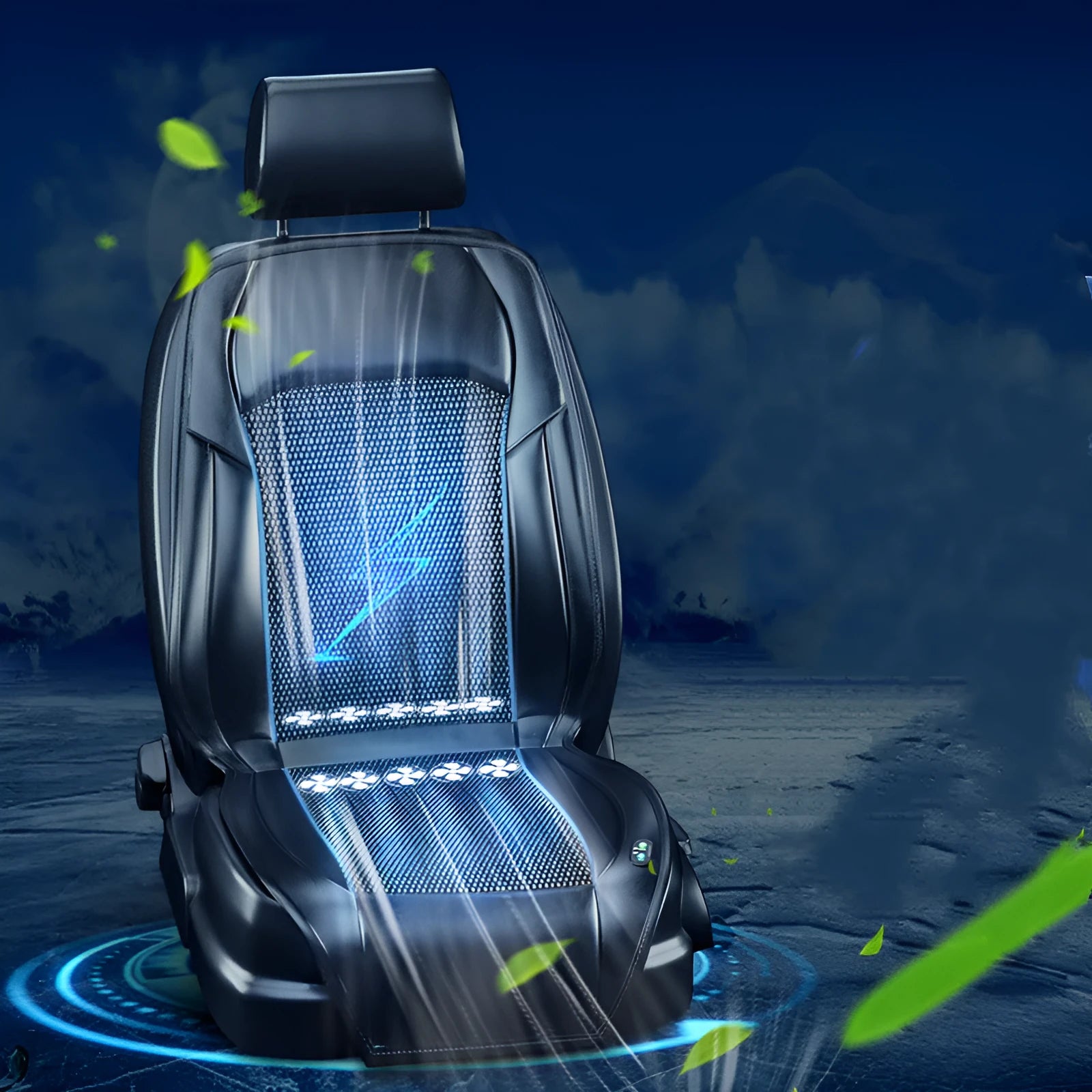 Ventilated car seat cooling cushion with fan grid, plugged into a 12V cigarette lighter socket.