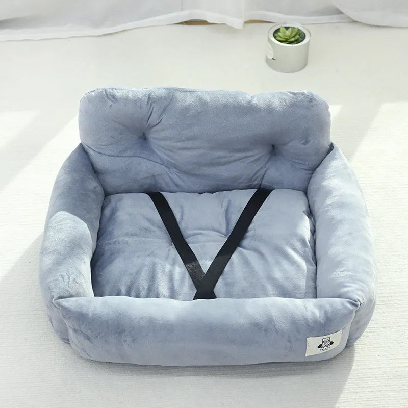 Blue plaid and grey cloth pet travel nests for cars in small and large sizes.