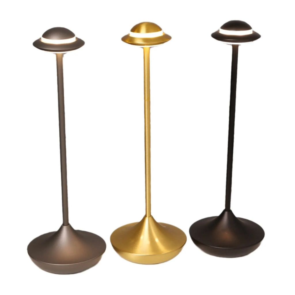Rechargeable UFO table lamp in gold, grey or black with touch dimming controls
