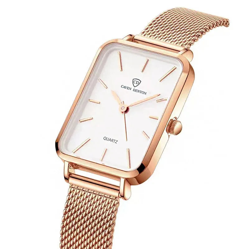 Women's waterproof quartz watch with alloy case and woven steel strap