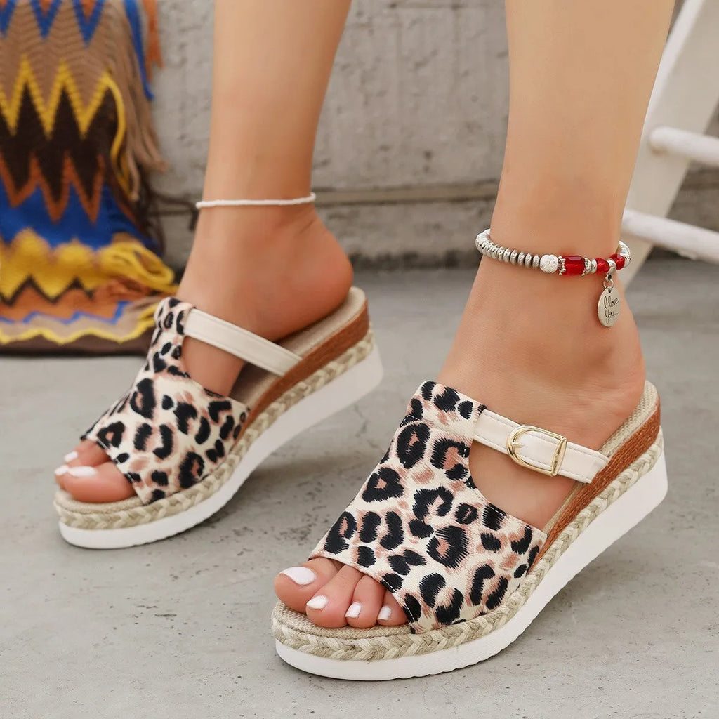 Leopard print wedge platform sandals with fish mouth design in beige, available sizes 36-43
