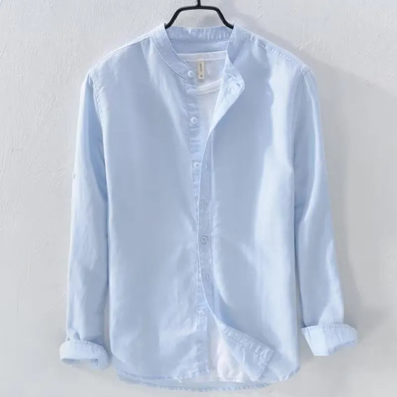 Men's loose casual long sleeve shirt in linen fabric, shown in a solid colour.