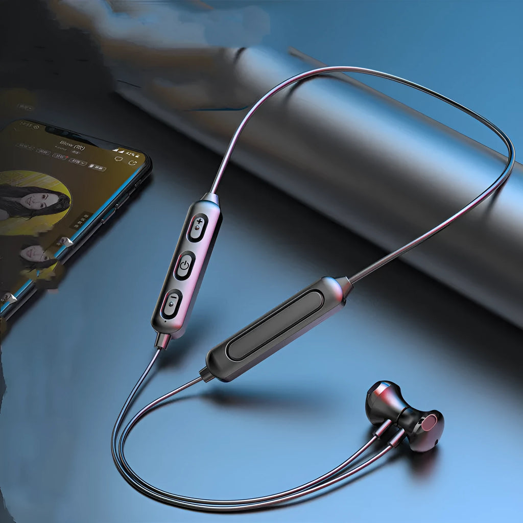 Black neck-mounted wireless sports earphones with Bluetooth 5.0 for hands-free calls and music