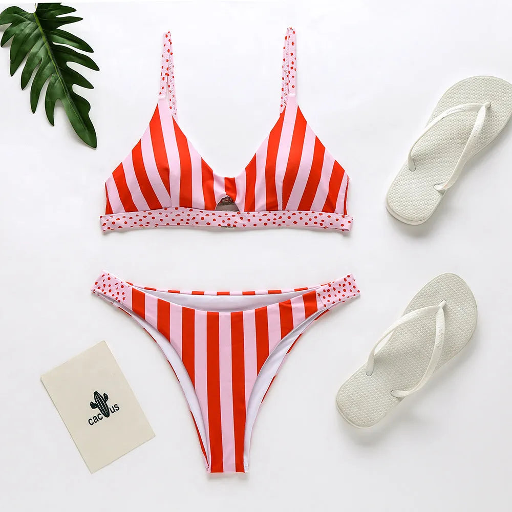 Women's bikini swimsuit set in black and white dot pattern and red and white stripe pattern.