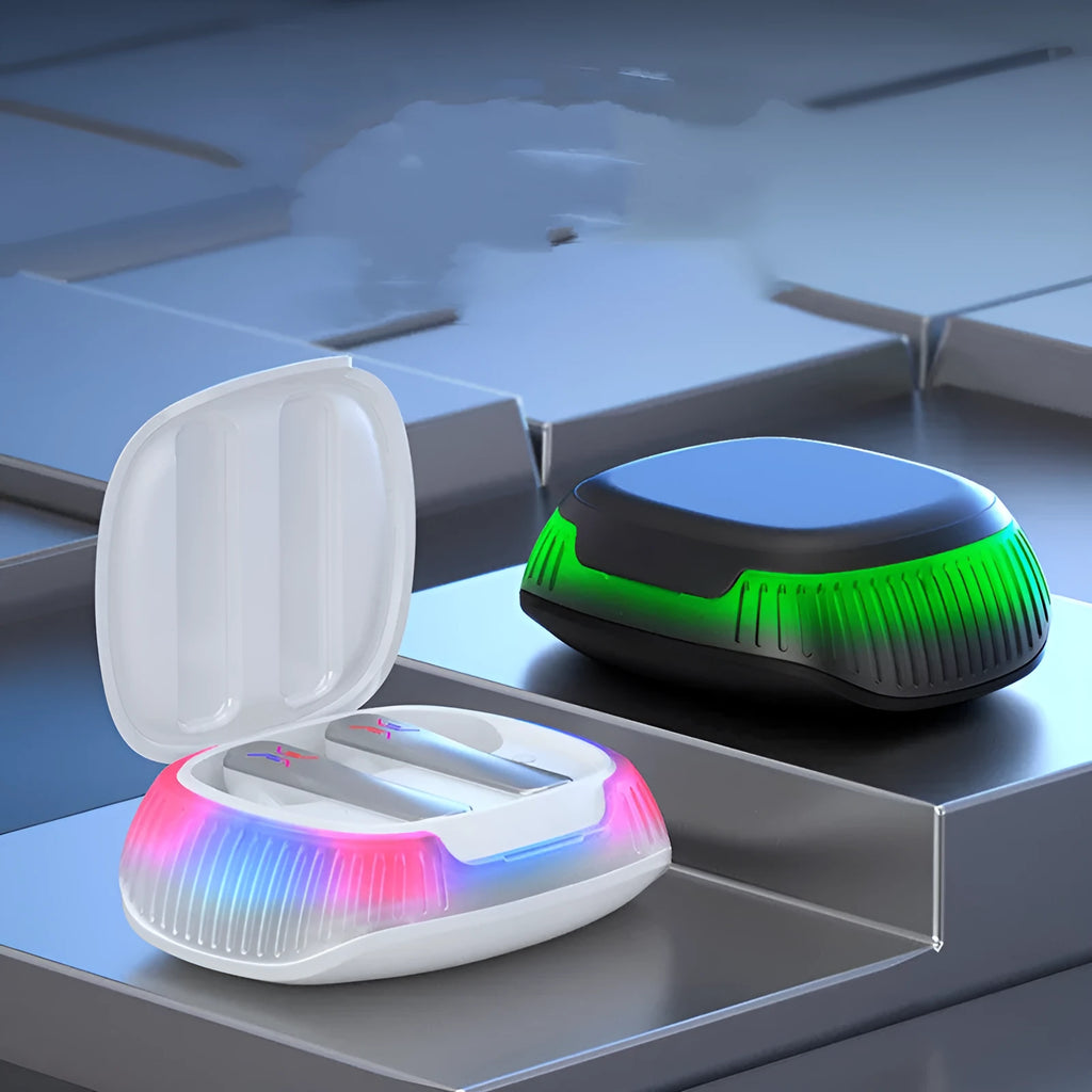 Hall Flashing wireless gaming earplug headset in black or white with Type-C cable.