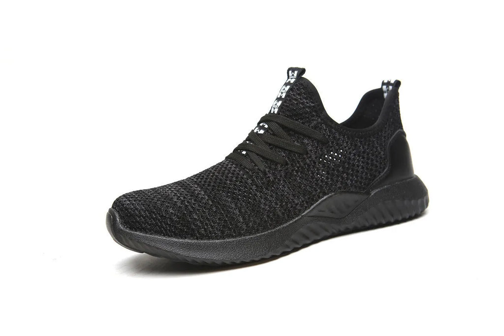 Men's low-top steel toe cap safety shoes in black with anti-static EVA sole for work and climbing.