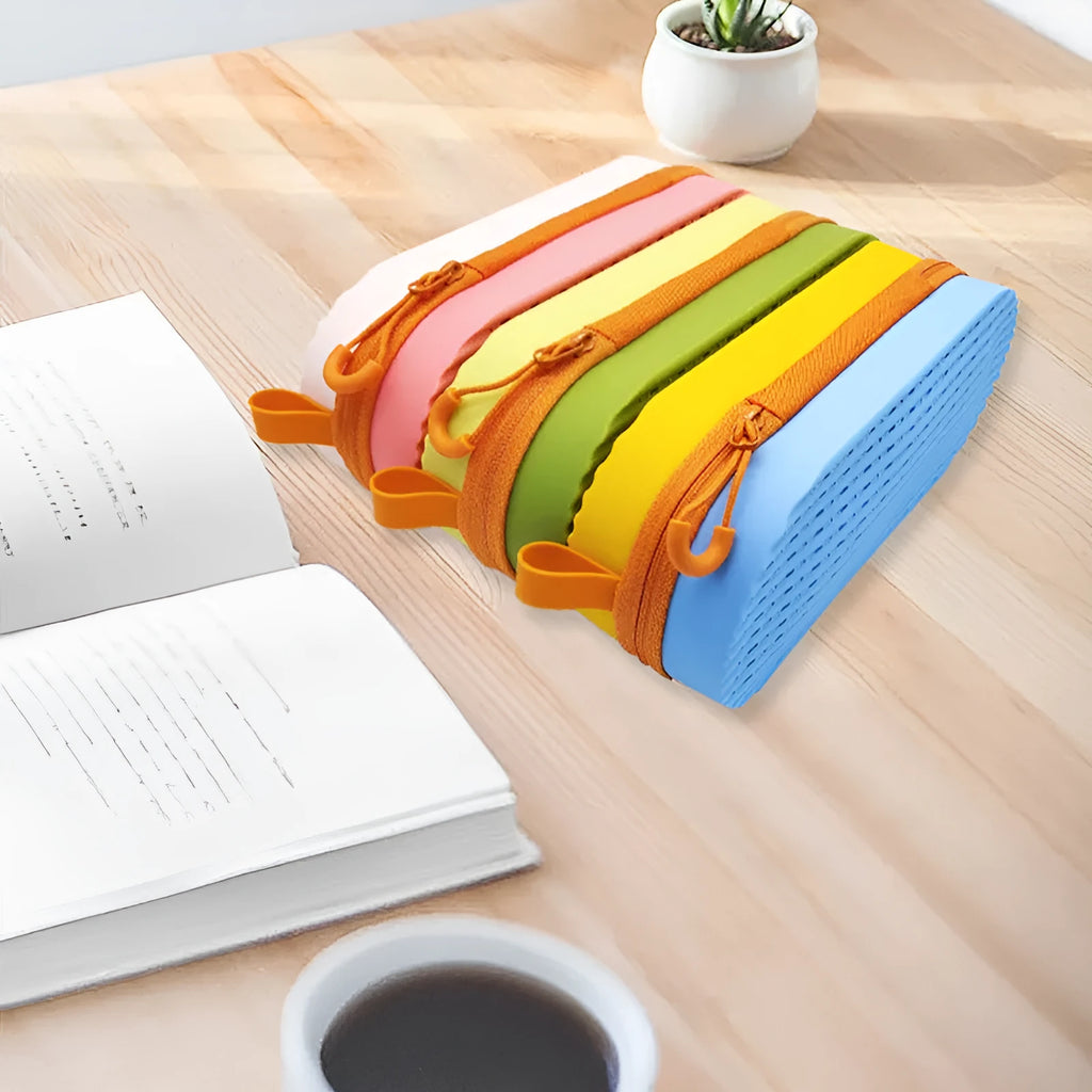 Silicone glasses case with long handle in rose red light purple colour, showing size.