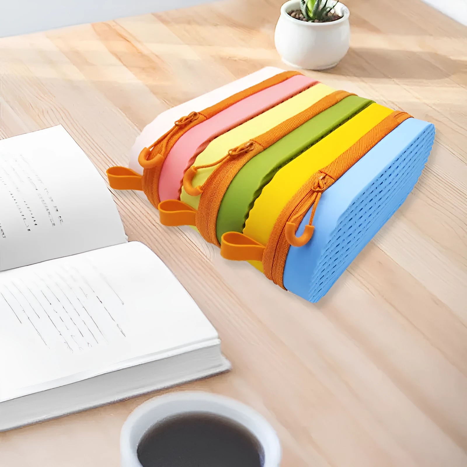 Silicone glasses case with long handle in rose red light purple colour, showing size.