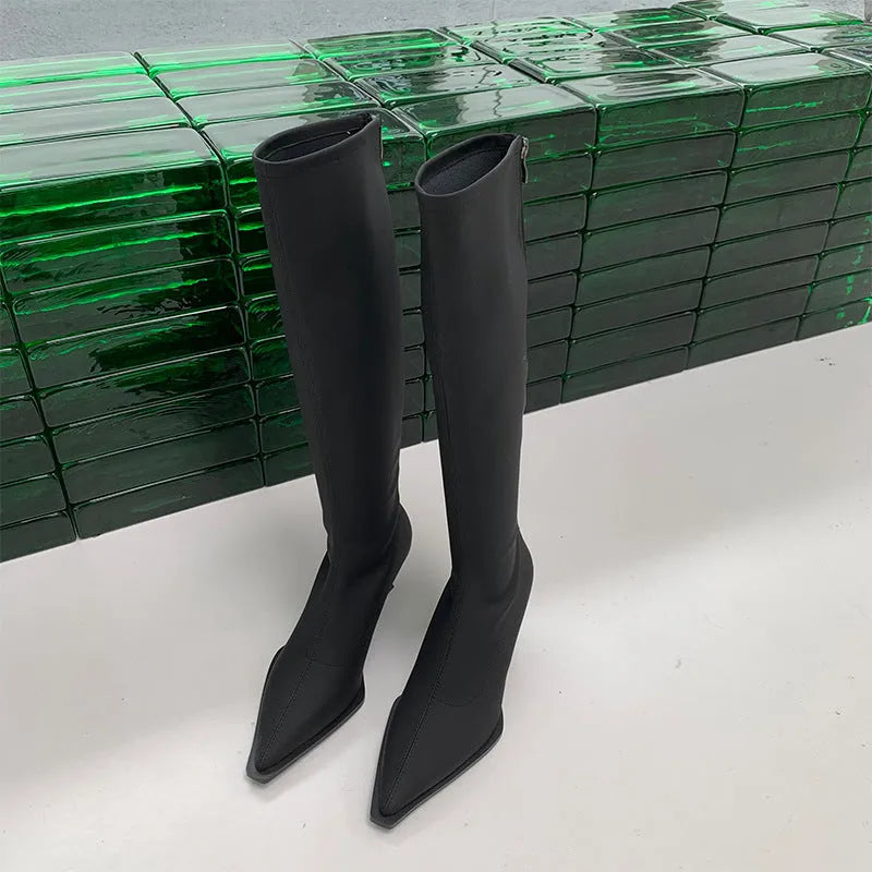 Black pointed toe below the knee women's boots with a stiletto heel and back zipper closure on a white background.