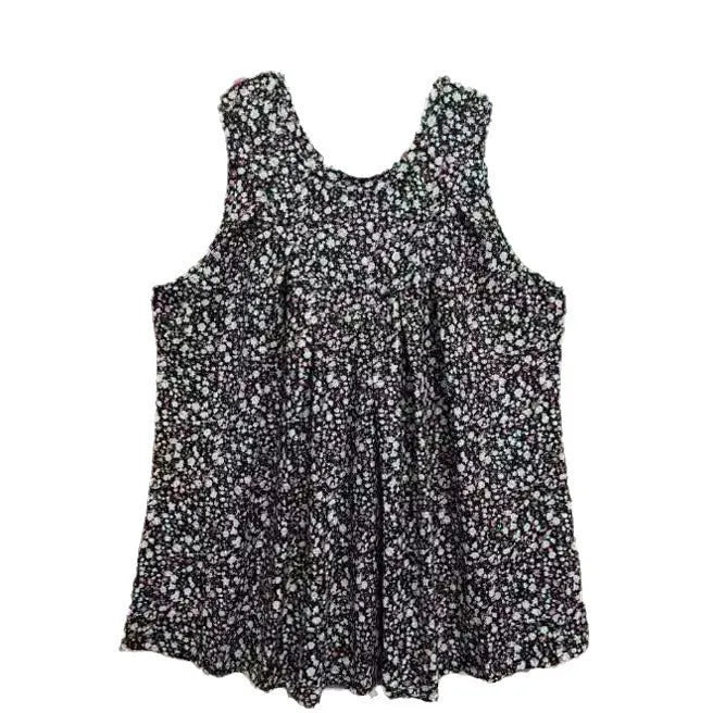 Black floral print plus size sleeveless vest on hanger showing loose fit and round neckline