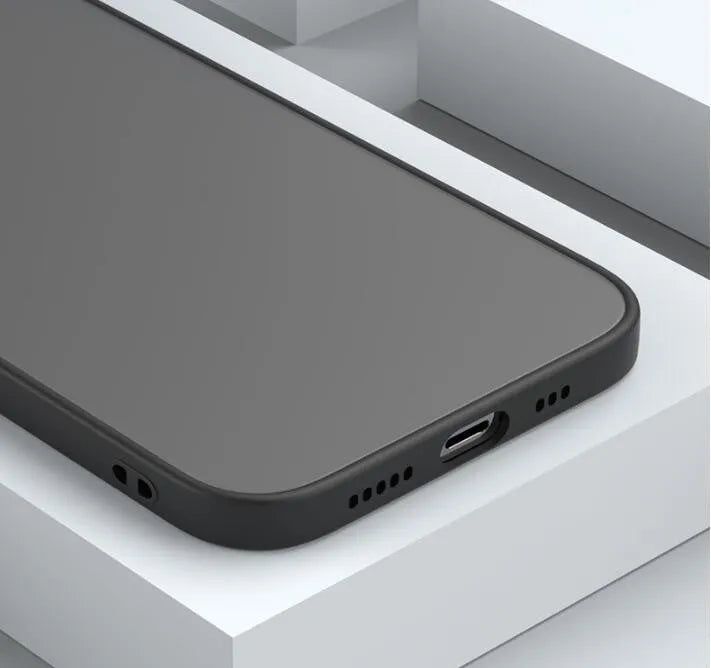 Black frosted hard iPhone case with fine hole cutouts for camera and ports on a dark background.