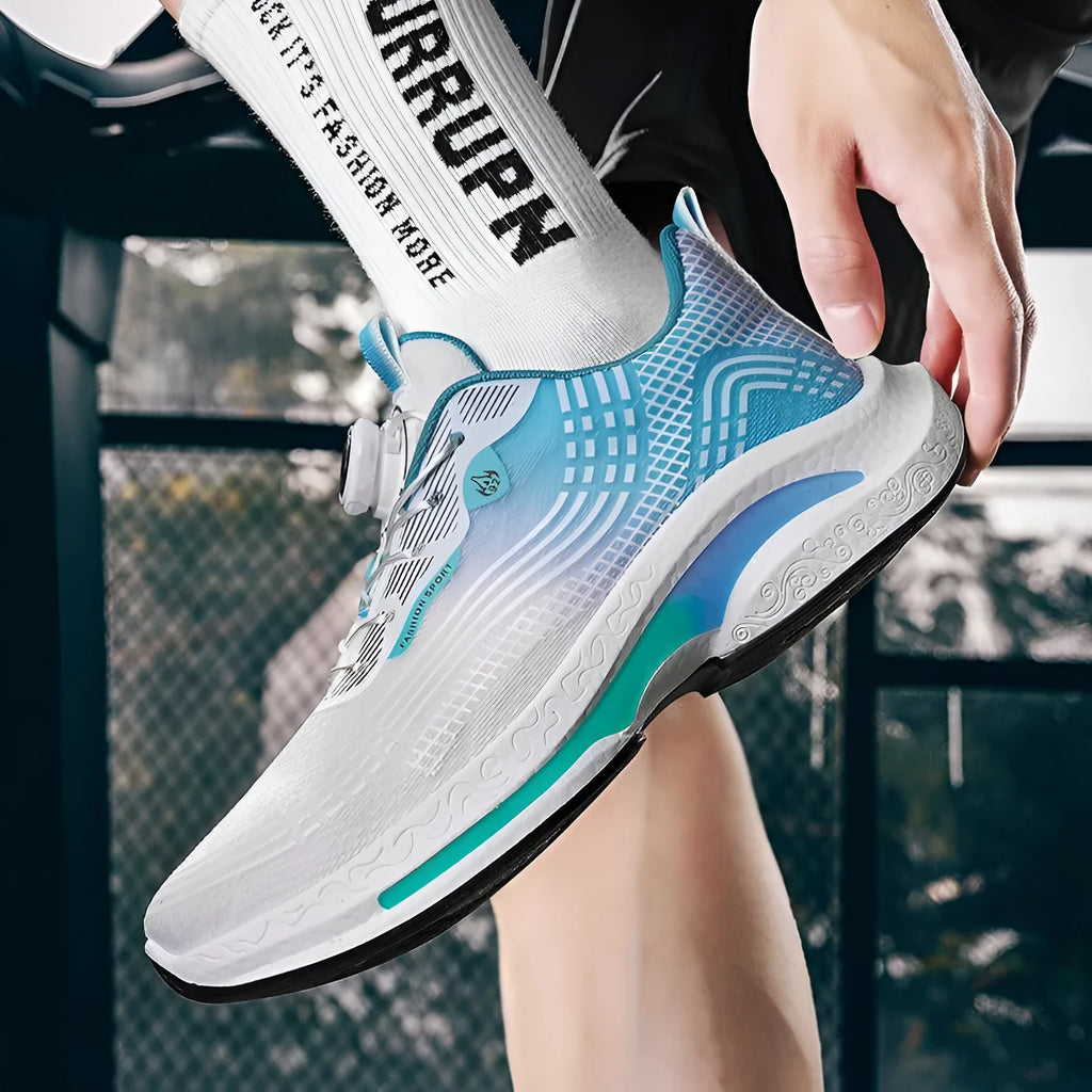 Men's white and blue low-top mesh sneakers with a rotating buckle and rubber sole.