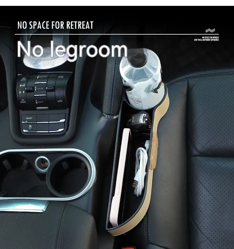 Leather car seat gap storage box with cartoon bear design in black or beige filling the console gap