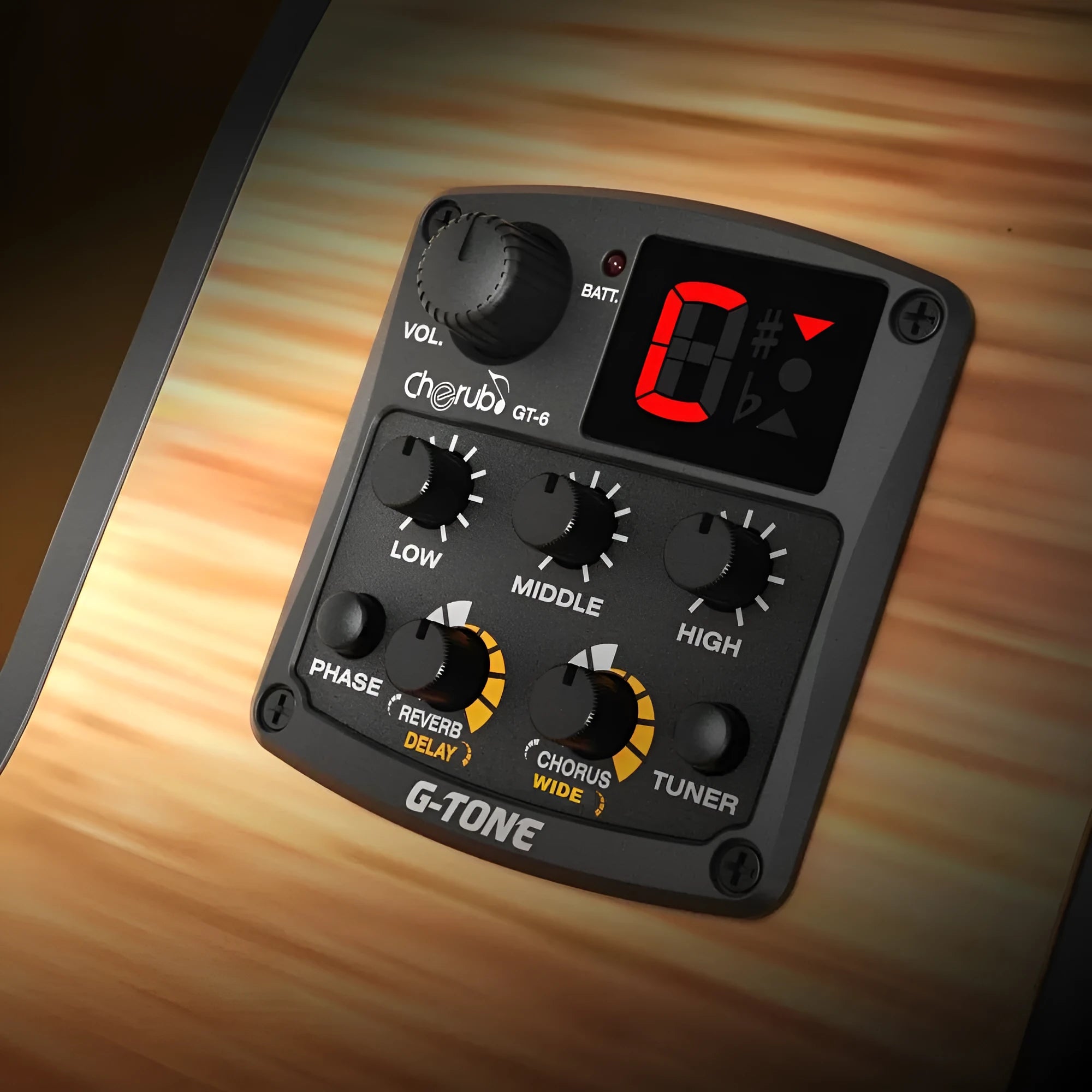Cherub GT-6 black acoustic guitar pickup preamp with tone controls and effects