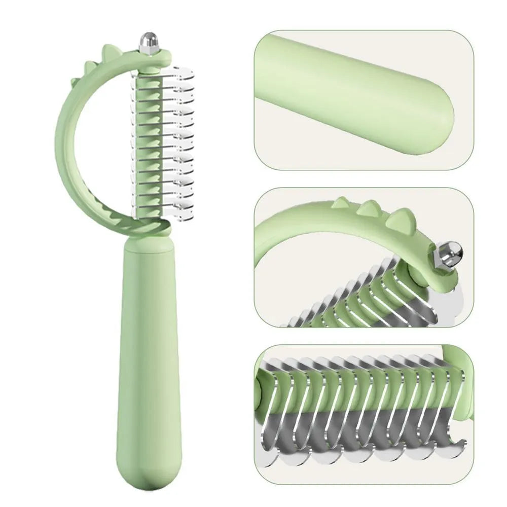 Self-cleaning cat brush with dinosaur shape and stainless steel pins for grooming