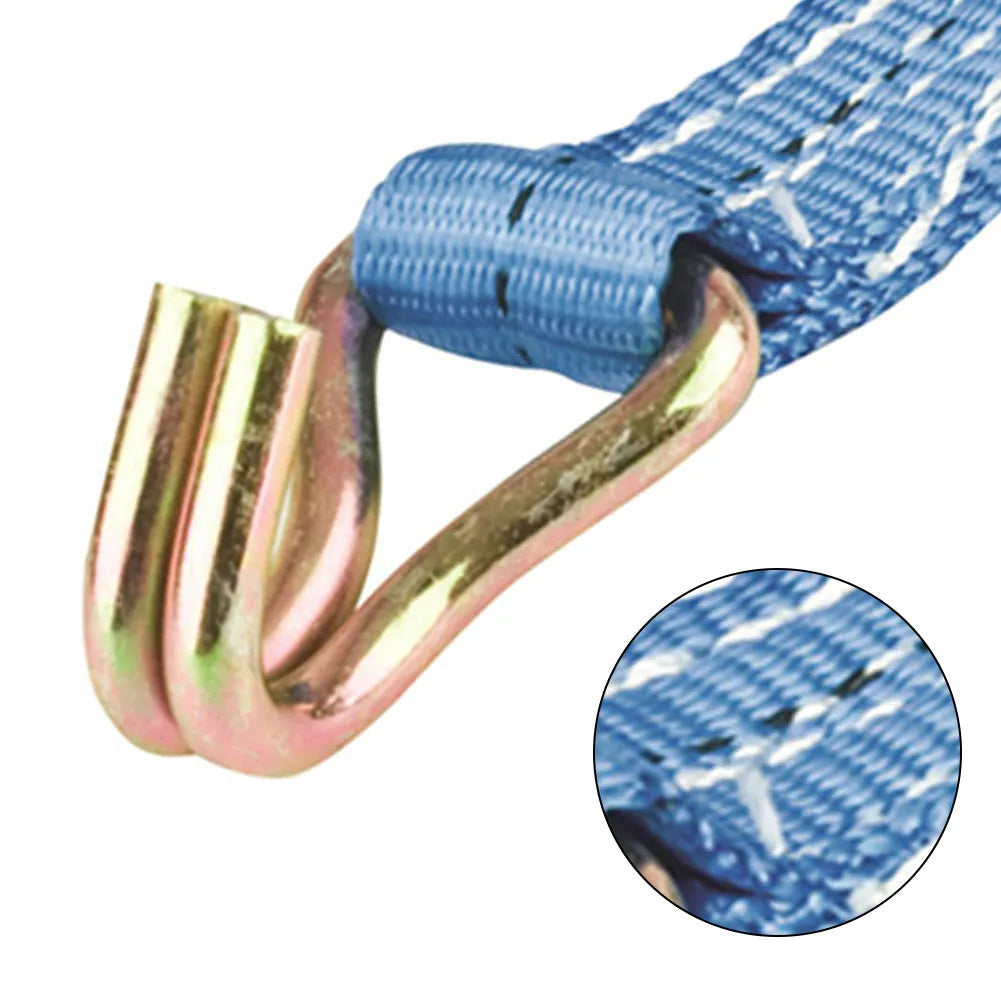 Ratchet tensioner cargo binding strap with double steel hooks on a polyester belt.