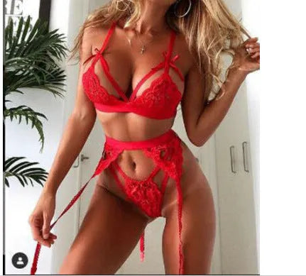 Lace lingerie set for women in red and white with polyester fibre fabric