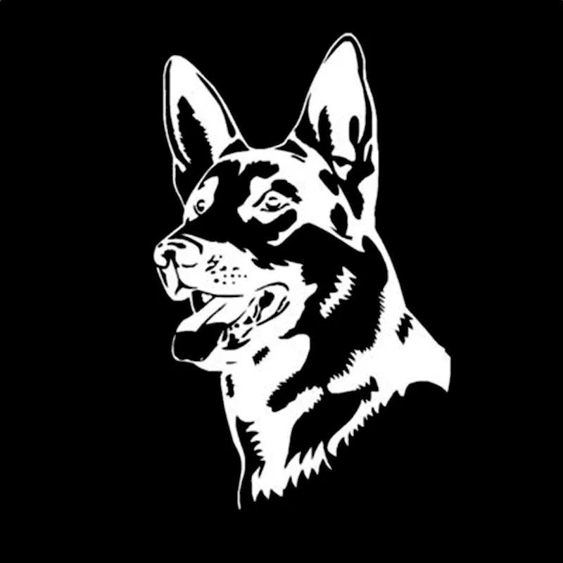 Reflective Alsatian German Shepherd silhouette car sticker on a white background, 13cm by 8cm.
