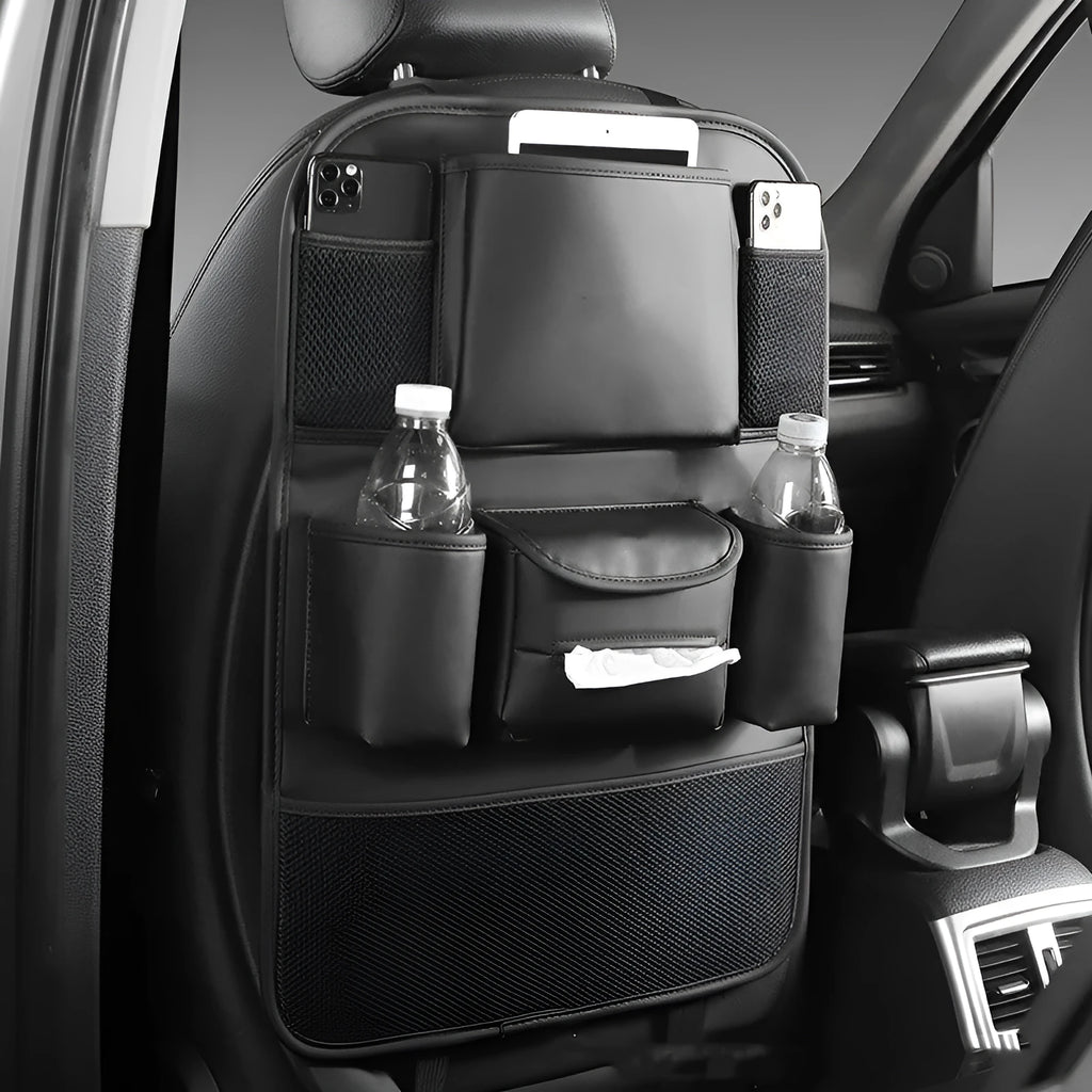 Leather car seat back storage bag in suspended mounting position