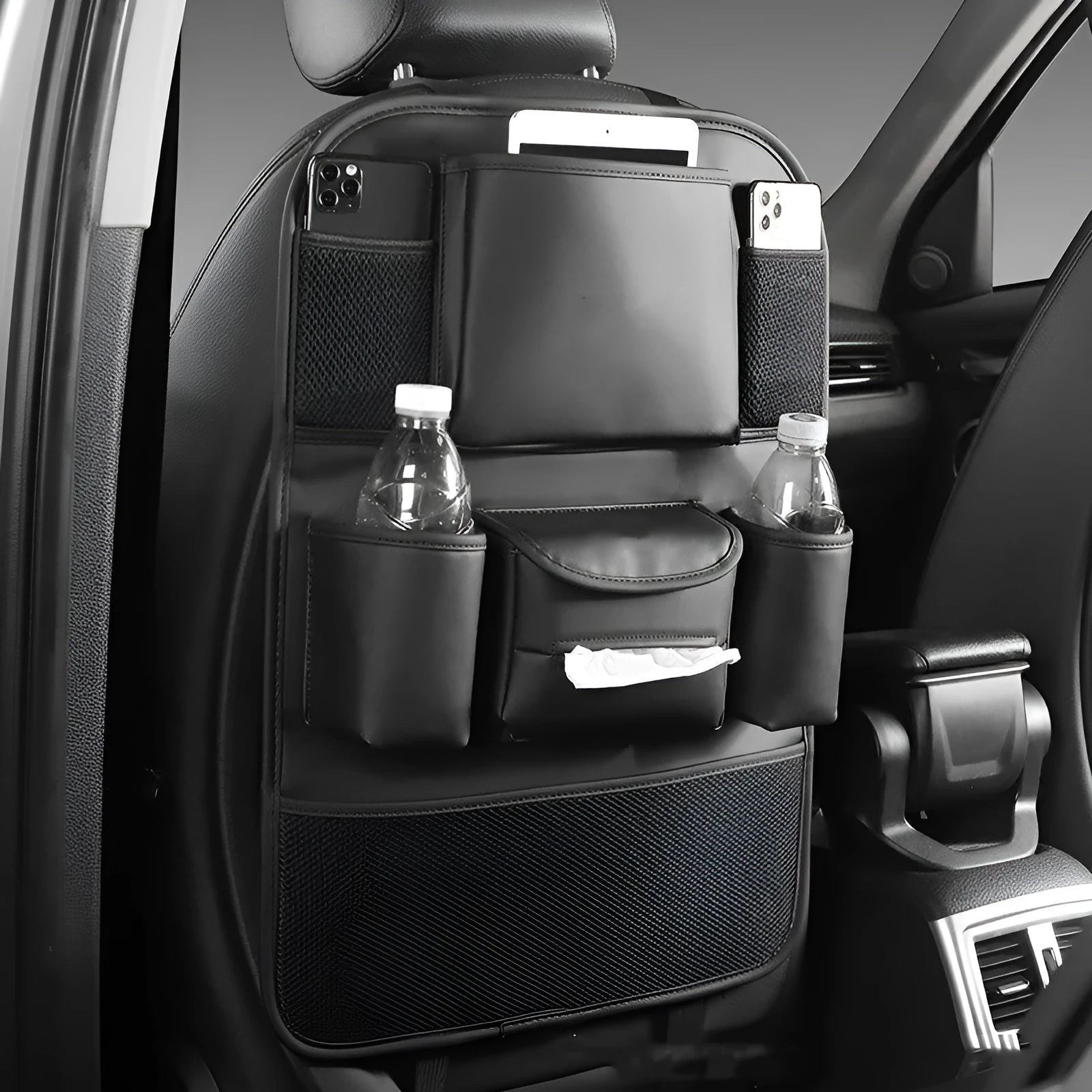 Leather car seat back storage bag in suspended mounting position