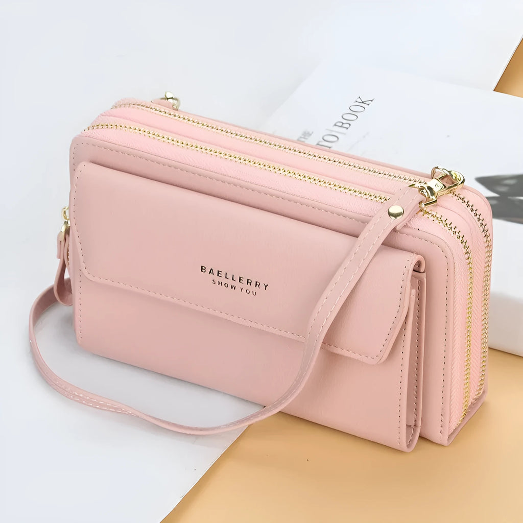 Red PU leather ladies long wallet with double zipper and diagonal strap shown open