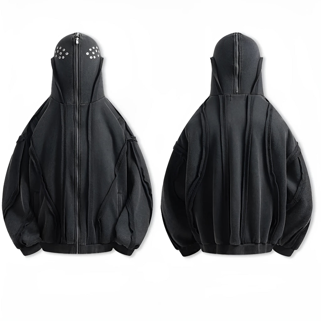 Black men's loose fit cotton padded hooded coat with zip front and abstract pattern.