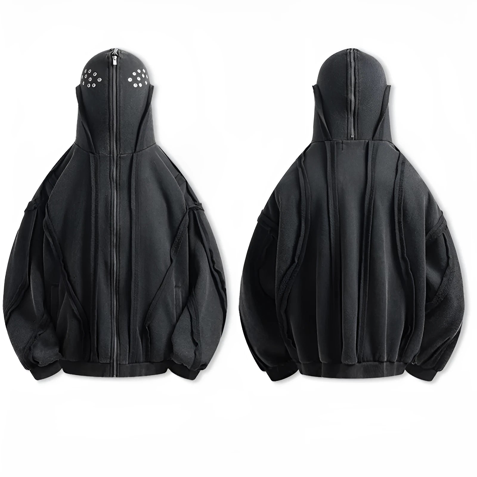 Black men's loose fit cotton padded hooded coat with zip front and abstract pattern.