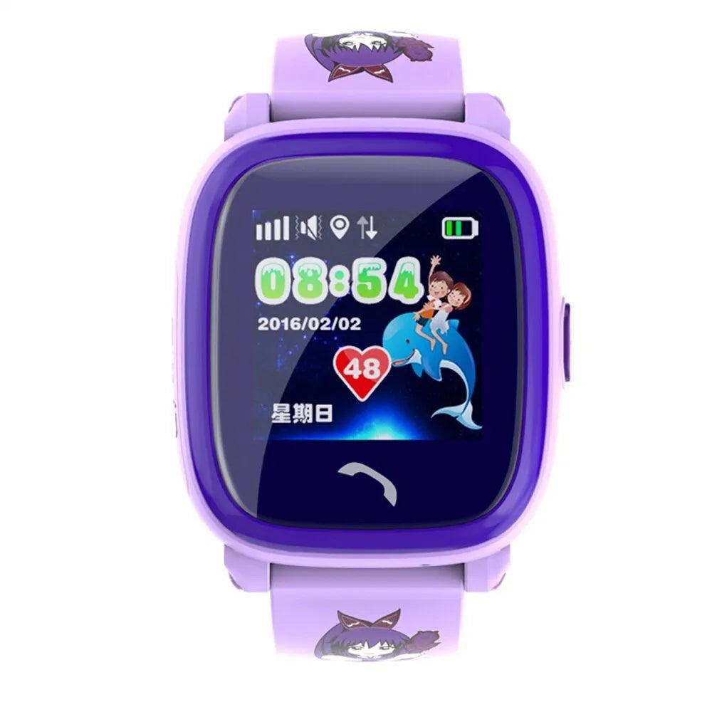 Children waterproof smart watch with touch screen and silicone band in blue or purple showing rescue call feature