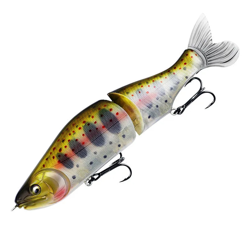 185mm plastic bass fishing bait showing swimming action in one of 15 available colours