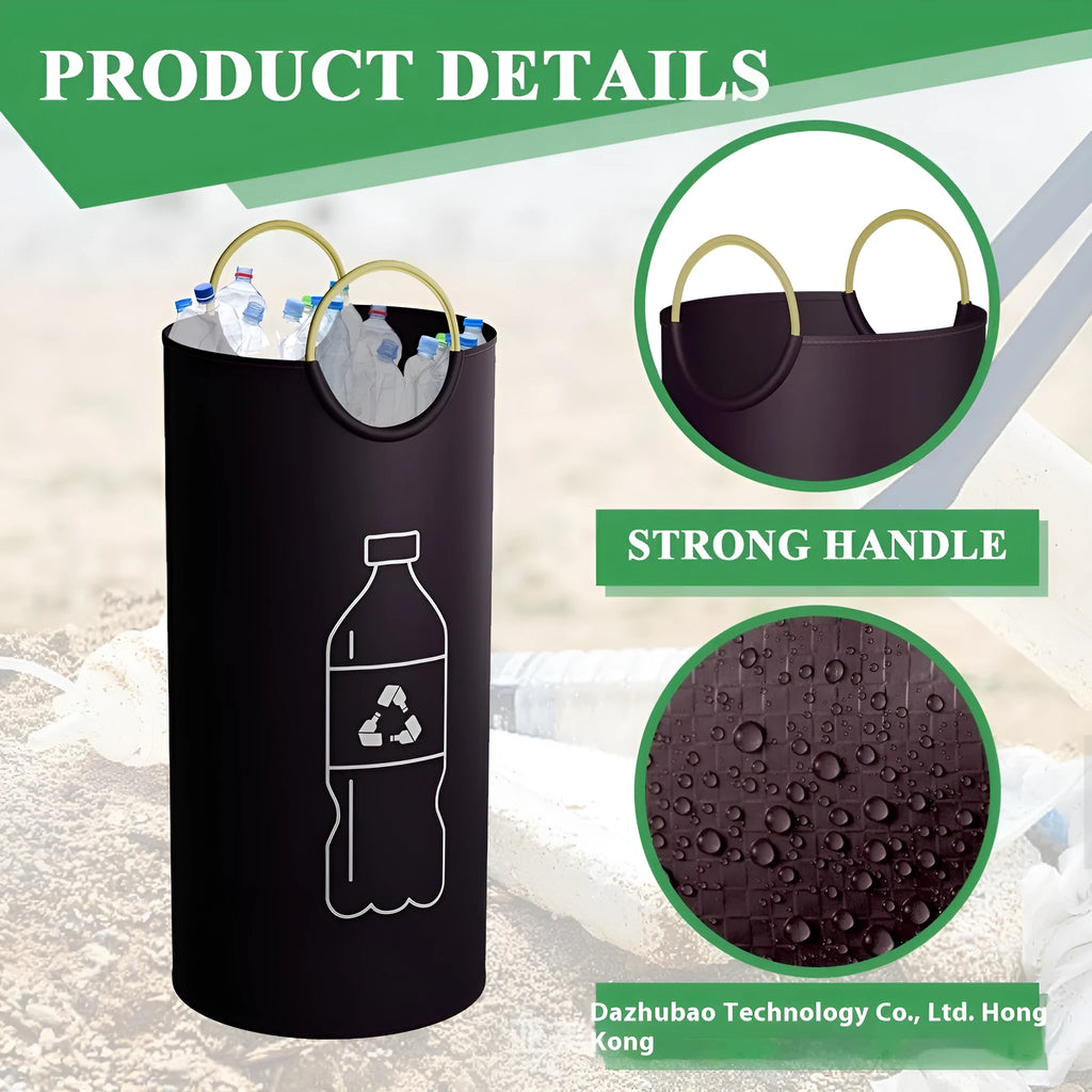 Round portable PP plastic trash can, 38x72cm, shown with included garbage bag.