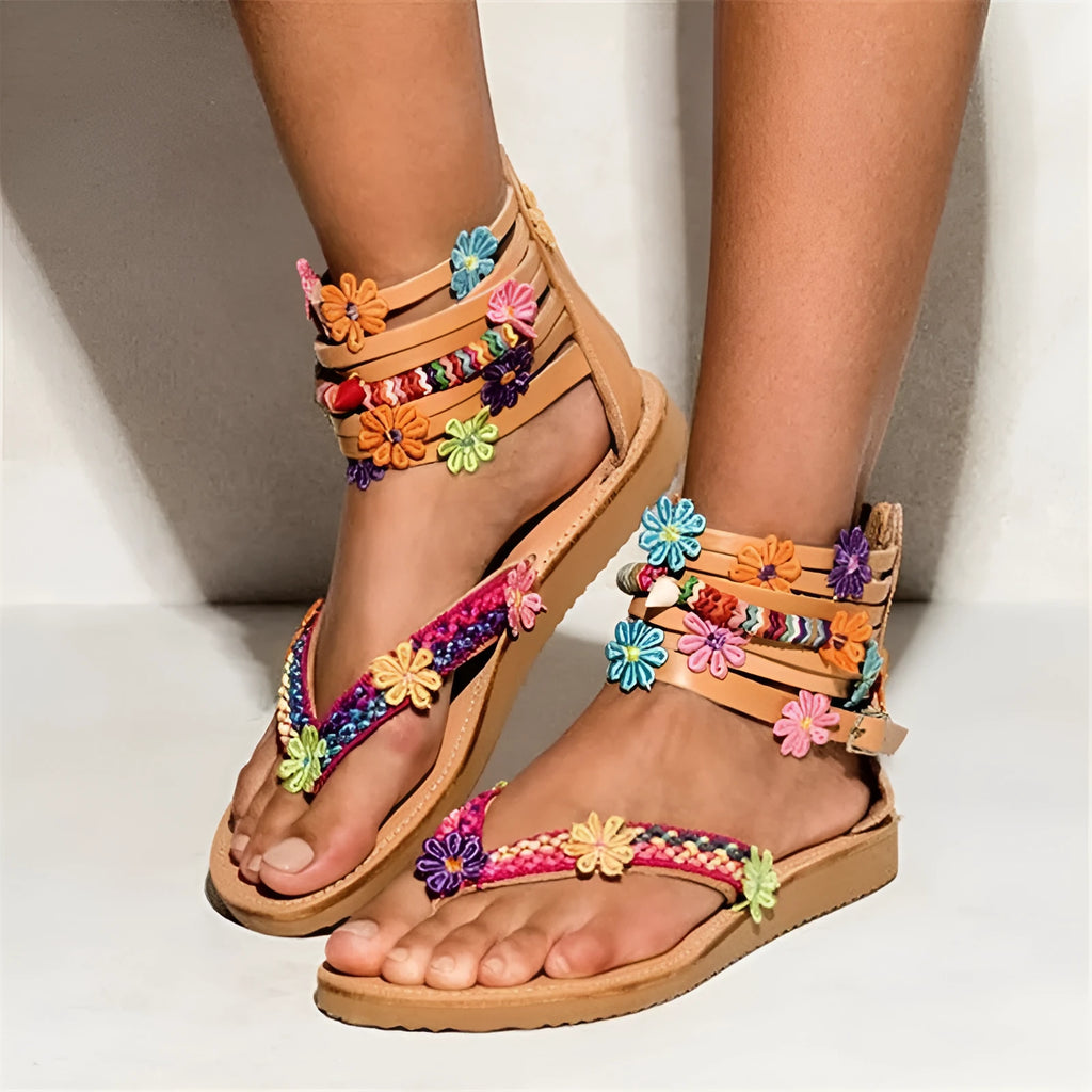 Ethnic style beaded petal sandals with artificial PU upper and floral detailing