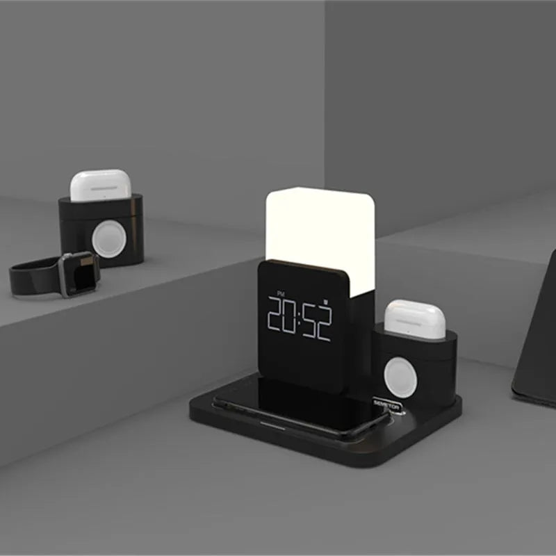 Dark green 3 in 1 folding wireless charger stand for iPhone and AirPods on a desk