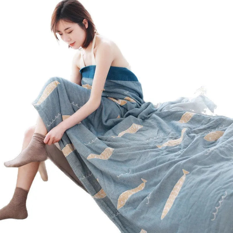 Pure cotton five-layer gauze summer blanket in Roulette Wheel Blue pattern showing modern simple style