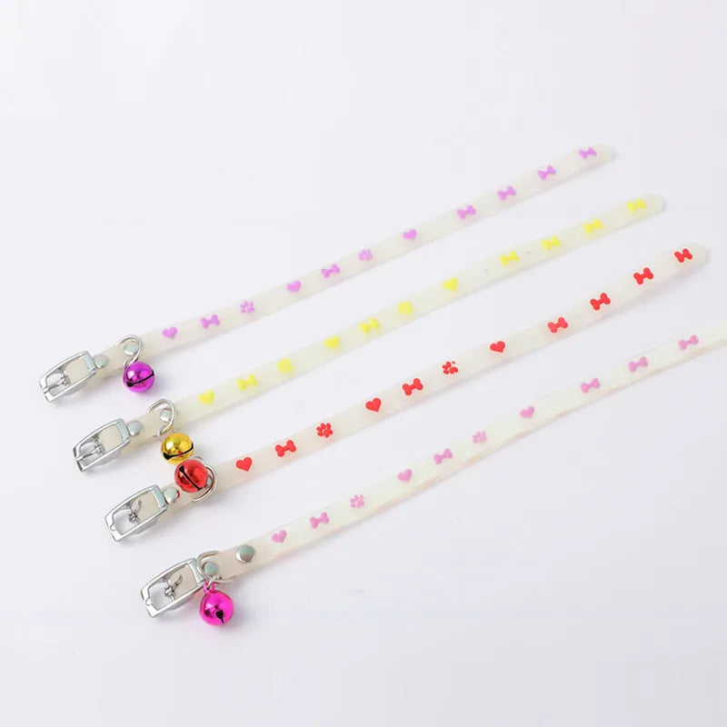 Adjustable 29cm luminous cat collar with silicone chain and metal bell in fishbone footprint love or paw print style