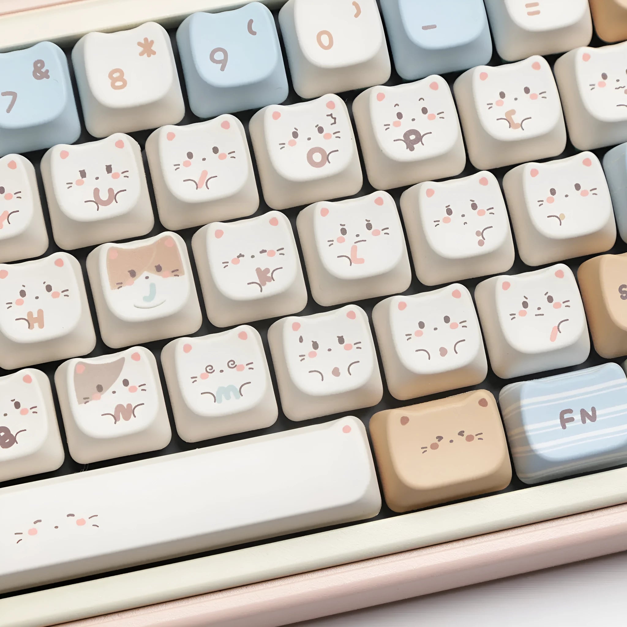 High Sea Salt Cat themed PBT mechanical keyboard keycap sets showing design details and packaging options