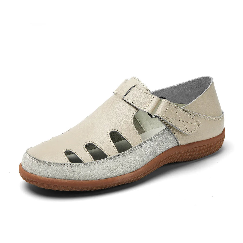 Plus size women's flat sandals with toe cap and hollow breathable design in blue colour