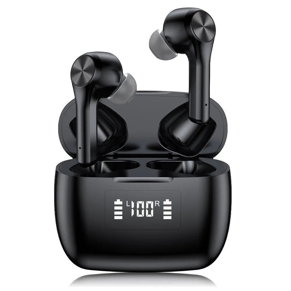 Black and white wireless stereo earphones with touch controls for noise reduction and music playback