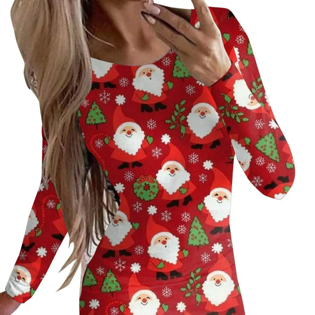 Christmas animal print dress with round neck, long sleeves, and floral pattern in polyester fabric