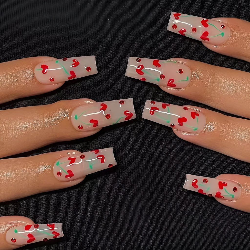 French love red diamond small cherry nail armour sheets set with 24 pieces and adhesive glue