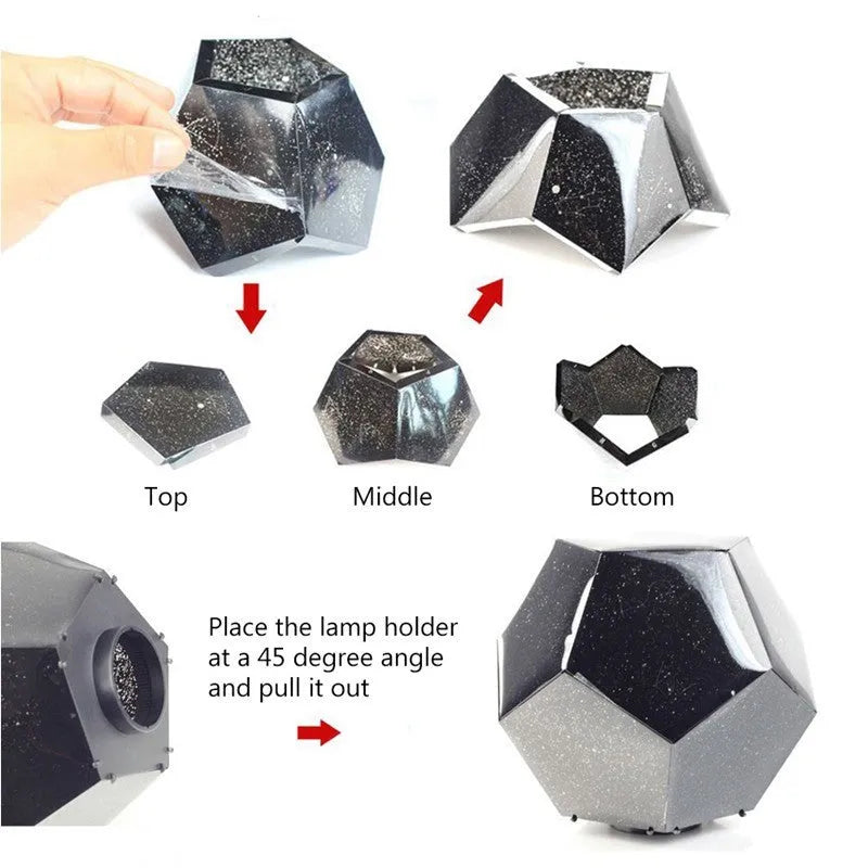 LED starry sky projector night light showing constellation projection on a dark bedroom ceiling.