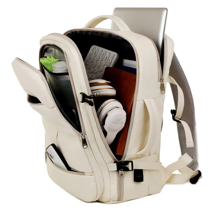 Large waterproof oxford backpack showing multiple pockets and 15.6 inch laptop compartment in available colours