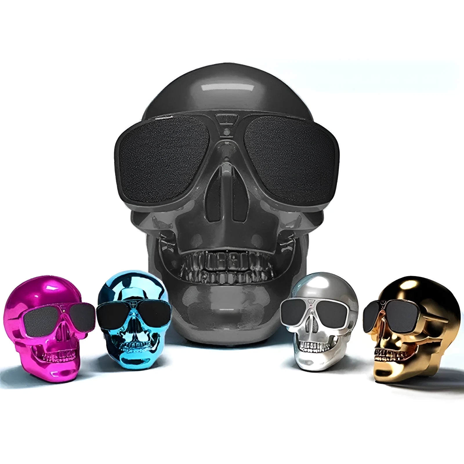 Skull-themed portable wireless Bluetooth speaker in choice of six colours on a table.