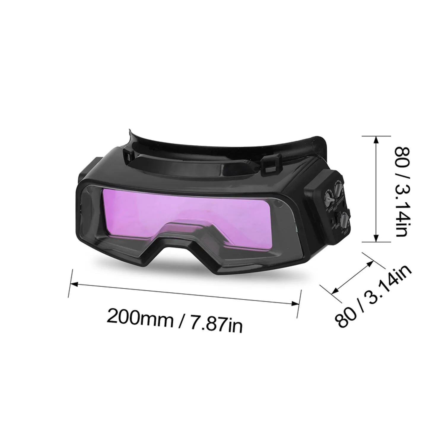 Black automatic darkening welding mask with protective headwear, showing the large rectangular viewing lens.