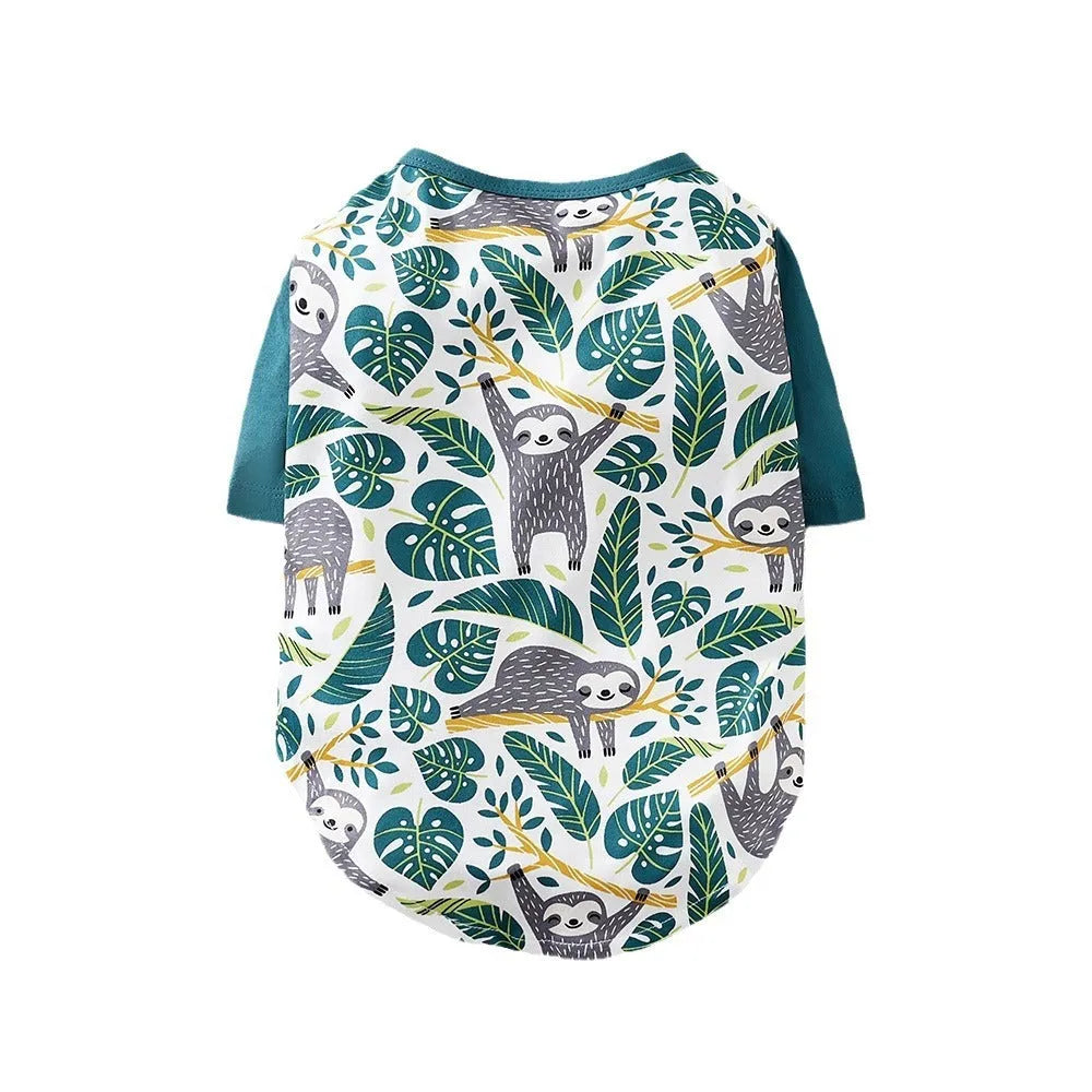 Printed casual T-shirt for small dogs in polyester fabric showing sizing chart with bust and length measurements